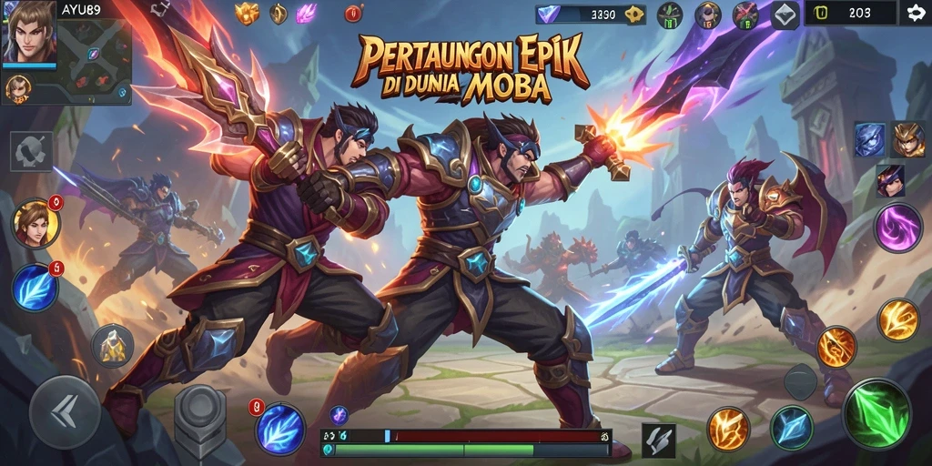 Tampilan aksi seru dalam gameplay MOBA AYU89.