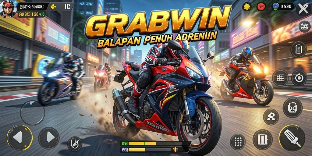 Screenshot gameplay GRABWIN menampilkan balapan motor yang intens dan seru.