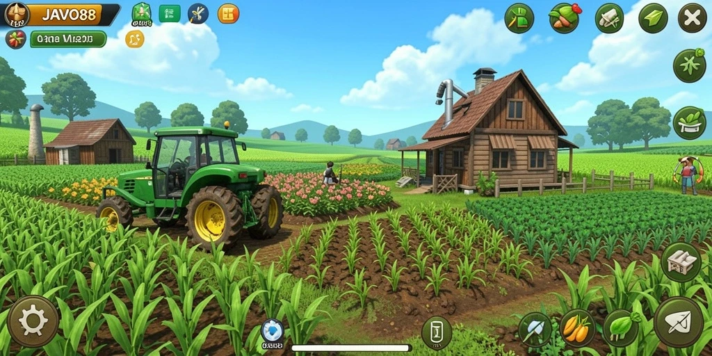 Gameplay JAVO88 menampilkan pertanian yang indah dengan berbagai jenis tanaman.