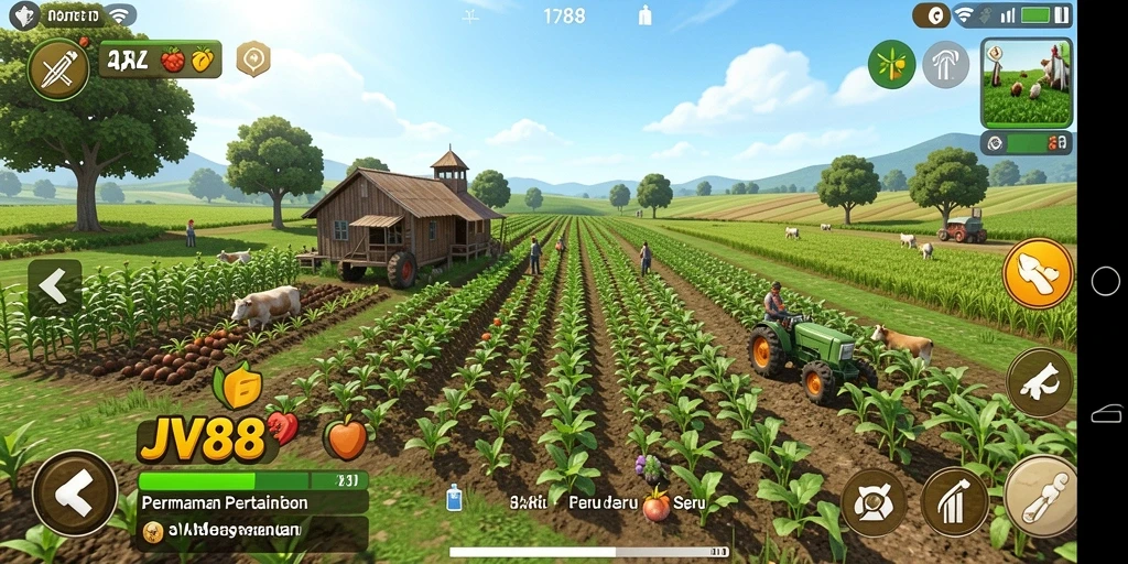 Tampilan gameplay JV88 menampilkan ladang hijau dan tanaman yang subur.