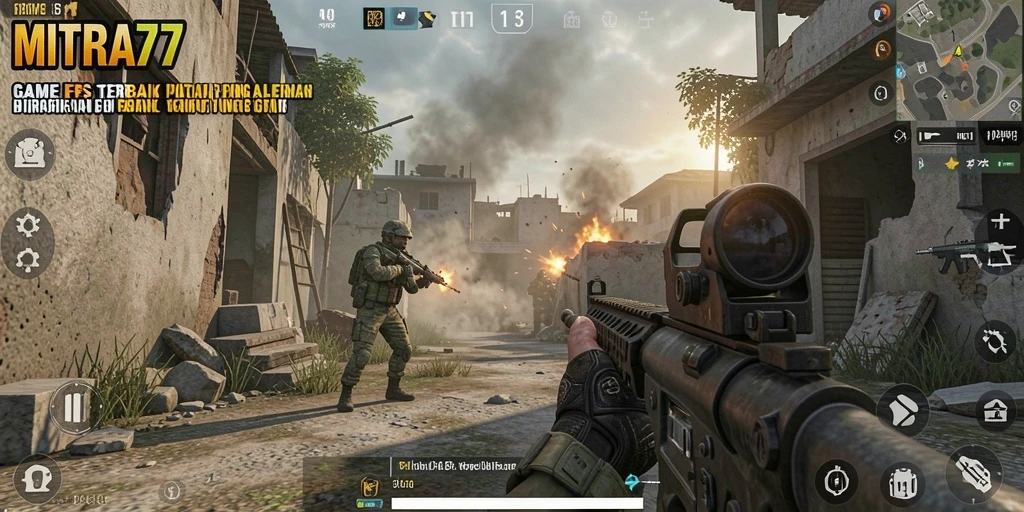 Screenshot gameplay MITRA77 dengan aksi tembak-menembak yang intens.