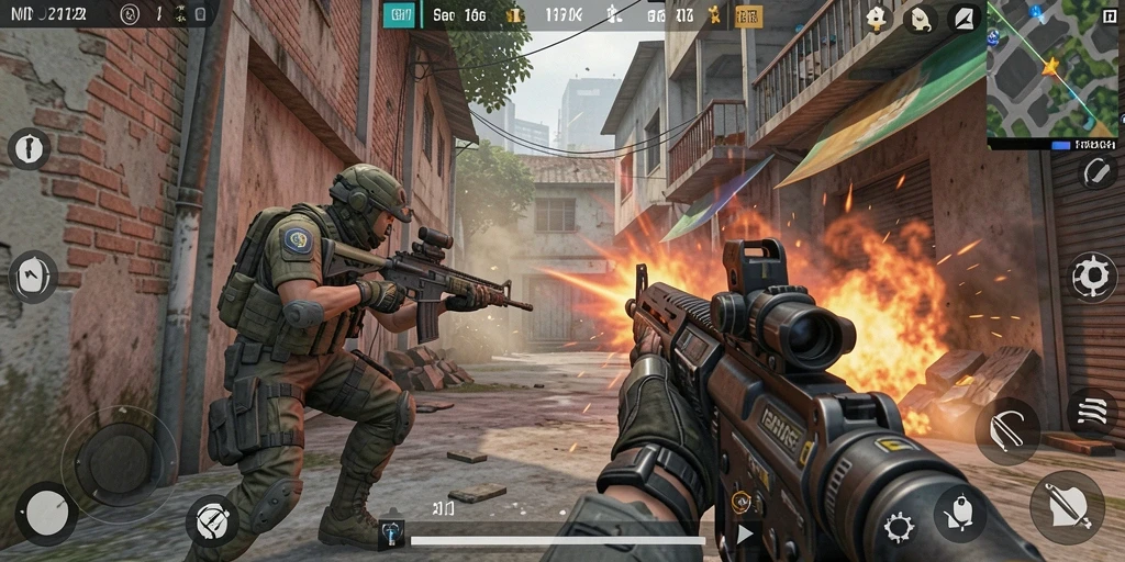 Gameplay MPO2121 menampilkan pertempuran intens dalam mode FPS.