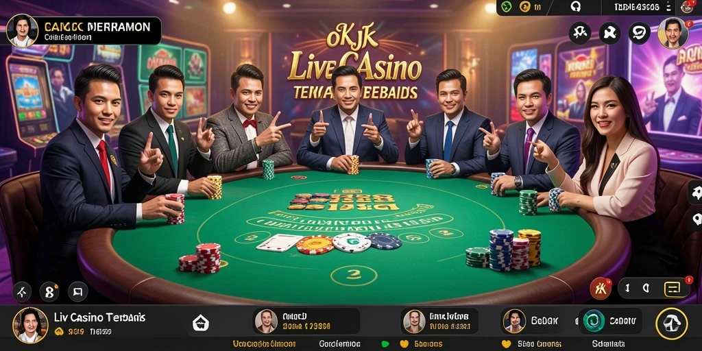 Screenshot gameplay OKJK menampilkan dealer langsung dan suasana kasino yang nyata.
