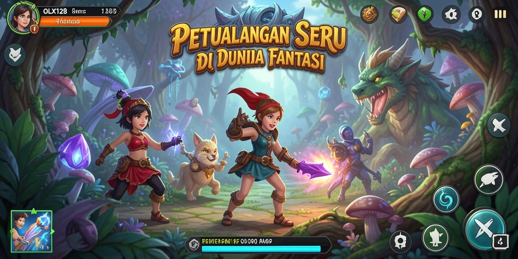 Tampilan seru petualangan dalam OLX128 dengan karakter dan musuh.