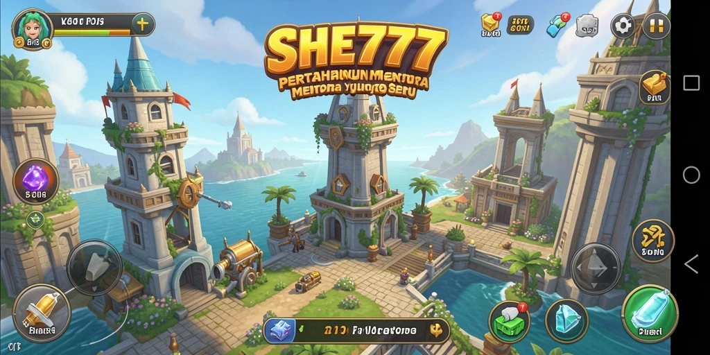 Tampilan gameplay SHE777 dengan menara strategis melawan musuh.