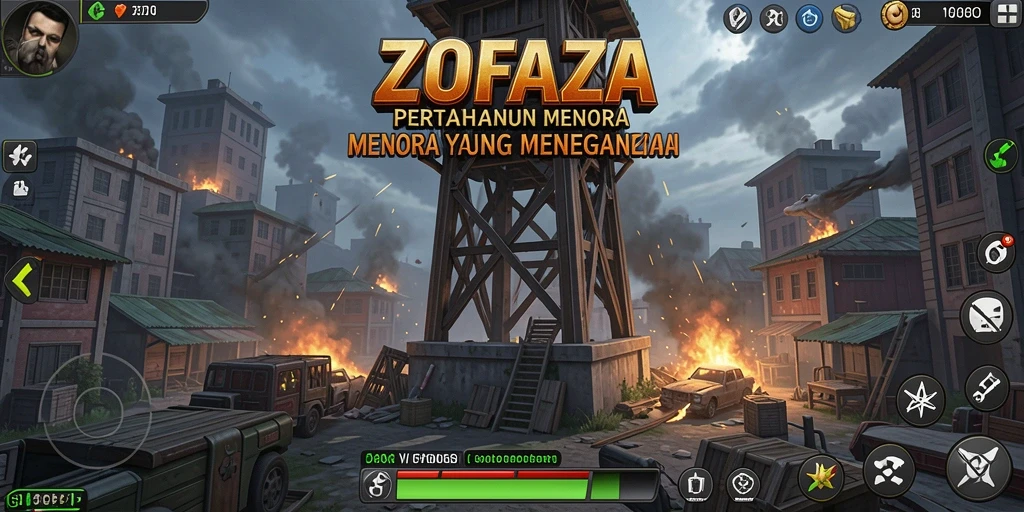 Tampilan gameplay ZOFAZA saat melawan gelombang musuh di menara pertahanan.